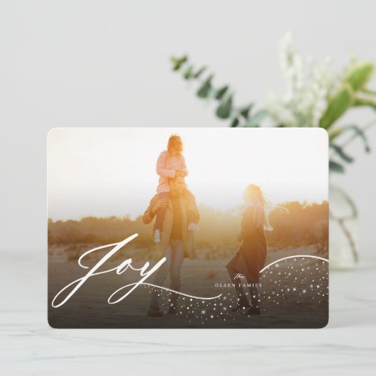 Vreugde vloeiend wit script & schittert stijlvolle feestdagenkaart (Staand voorkant)