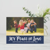 Vreugde Vrede en Liefde Navy Blauw Geborsteld Scri Feestdagenkaart (Staand voorkant)