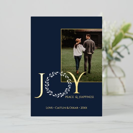 Vreugde Vrede Geluk Vakantie Krans met Foto's Folie Feestdagenkaart (Staand Voorkant)