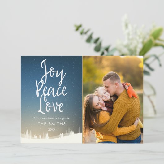 Vreugde Vrede Liefde Kerstmis Winter Scène Foto Feestdagenkaart (Staand voorkant)