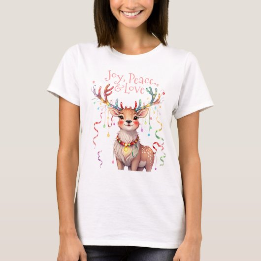 Vreugde Vrede Liefde Rendier en Kerstverlichting T-shirt (Voorkant)