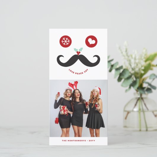 Vreugde Vrede Liefde Snor Lachend Gezicht Grappige Feestdagenkaart (Staand voorkant)