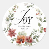 Vreugde Vrolijk Kerstmis Bloemenkrans Familienaam Ronde Sticker (Voorkant)