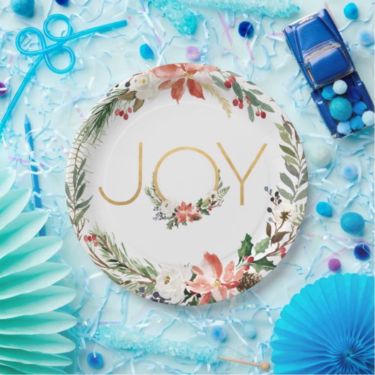 Vreugde Waterverf Bloemen krans met Goud | Kerstmi Papieren Bordje (Feest)