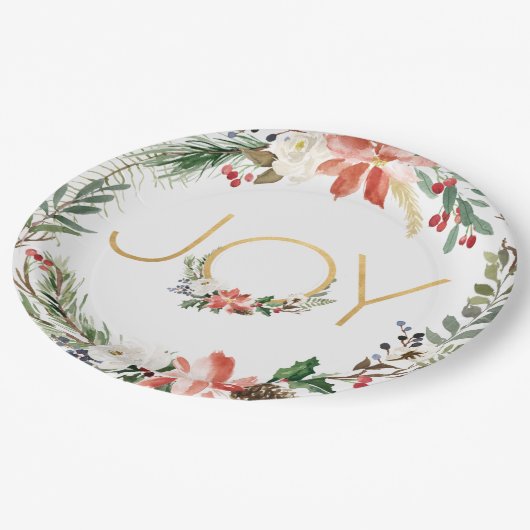 Vreugde Waterverf Bloemen krans met Goud | Kerstmi Papieren Bordje (Gekanteld)