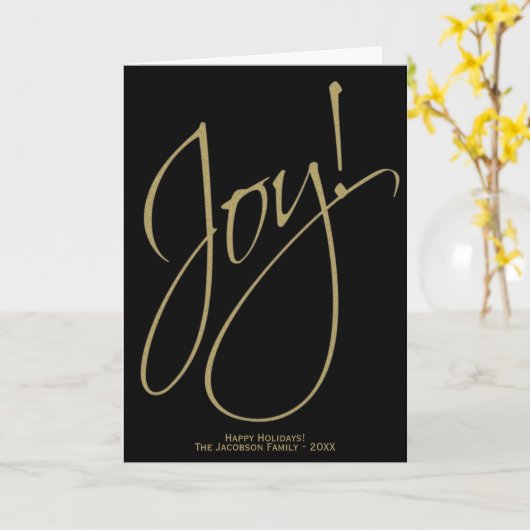 Vreugde! Zwart & Goud Elegant Minimaal Fotokerst Kaart (Gele Bloem)