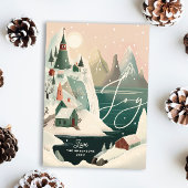 vreugdevol besneeuwd dorp | Kerst Winter Bergen Feestdagenkaart