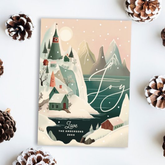 vreugdevol besneeuwd dorp | Kerst Winter Bergen Feestdagenkaart