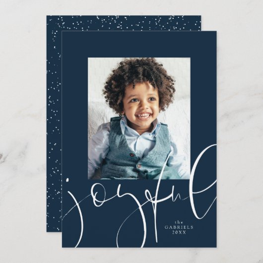 Vreugdevol script één foto navy kerst feestdagenkaart (Voorkant / Achterkant)
