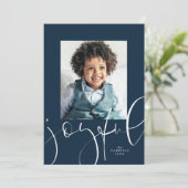Vreugdevol script één foto navy kerst feestdagenkaart (Staand voorkant)