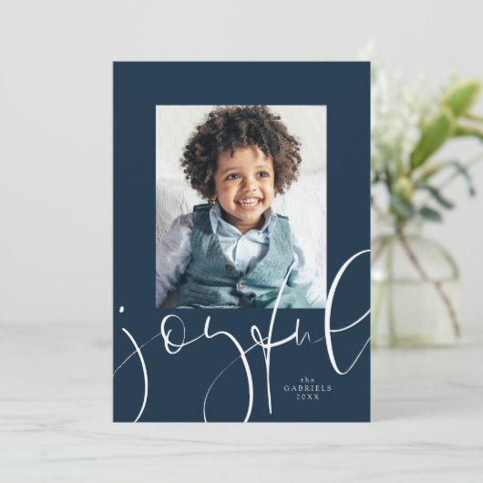 Vreugdevol script één foto navy kerst feestdagenkaart (Staand voorkant)