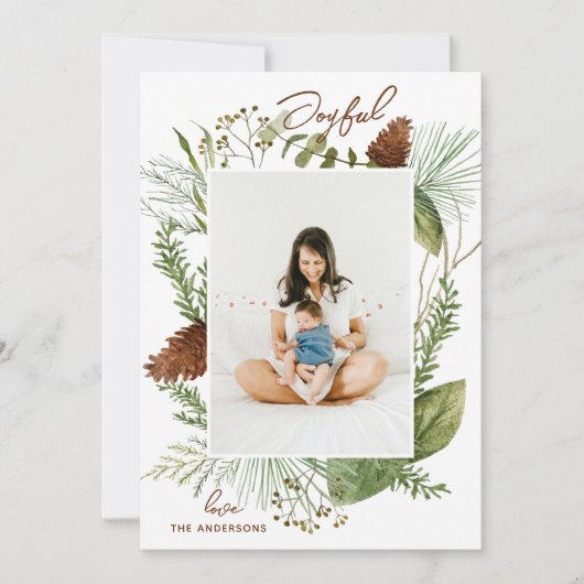 Vreugdevol. Waterverf Kerstmis bos groen Feestdagenkaart (Voorkant)
