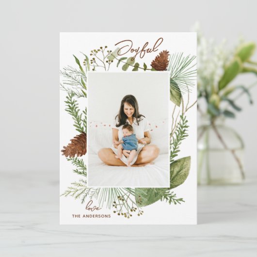 Vreugdevol. Waterverf Kerstmis bos groen Feestdagenkaart (Staand voorkant)