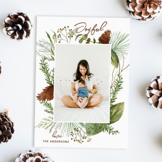 Vreugdevol. Waterverf Kerstmis bos groen Feestdagenkaart