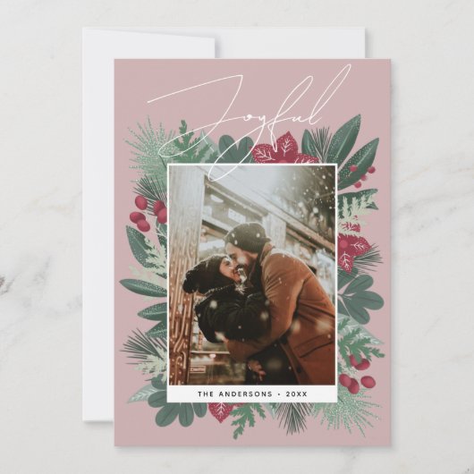 Vreugdevol. Winter Kerstmis botanische groen foto Feestdagenkaart (Voorkant)