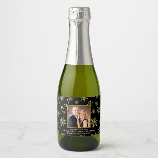 Vreugdevolle gouden sneeuwvlokken met Photo Holida Sparkling Wijnetiket (Voorkant)