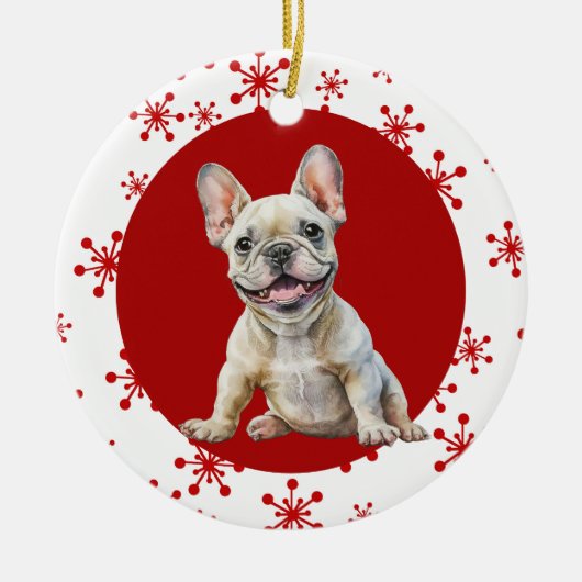 Vreugdevolle ruis Franse buldog rode sneeuwvlok va Keramisch Ornament (Voorkant)