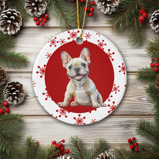 Vreugdevolle ruis Franse buldog rode sneeuwvlok va Keramisch Ornament