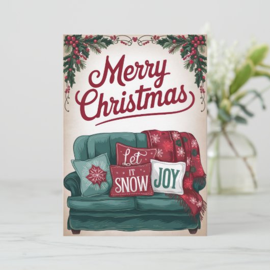 vreugdevolle sofa kerstgroeten feestdagenkaart (Staand voorkant)