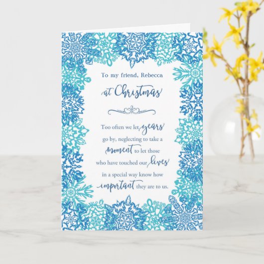Vriend bij Kerstmis Blauwe Sneeuwvlokken Gepersona Kaart (Gele Bloem)