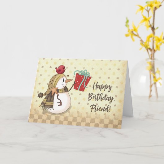 Vriend Birthday Bird op Snowman met Cadeau Kaart (Gele Bloem)