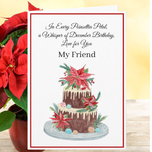 Vriend December Verjaardag Cake Poinsettias Kaart