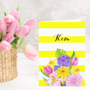 Vriend Gele Streep en Bloemen Verjaardag Kaart