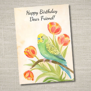 Vriend Gelukkige Verjaardag Parkiet met Tulpen Kaart