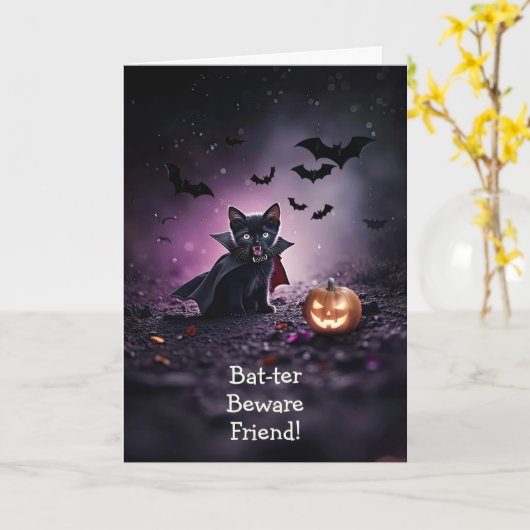 Vriend Halloween Schattigee en Grappige Zwarte Kit Kaart (Gele Bloem)