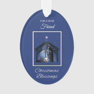 Vriend Kerstmis Zegeningen Manger op Blauw Ornament