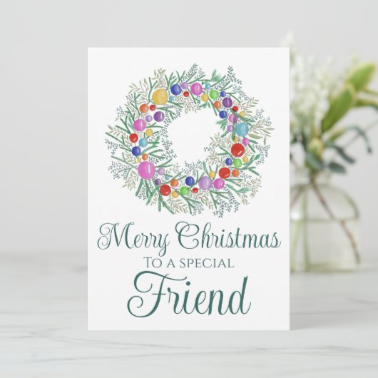 Vriend kleurrijke kerst krans feestdagenkaart (Staand voorkant)