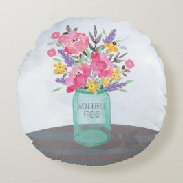 Vriend Moederdag Jar Vase met bloemen Rond Kussen