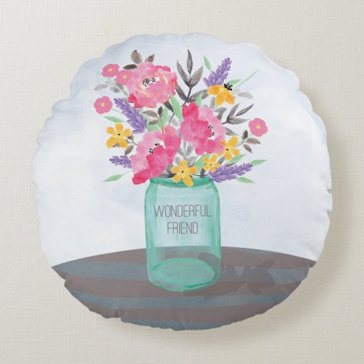 Vriend Moederdag Jar Vase met bloemen Rond Kussen (Voorkant)