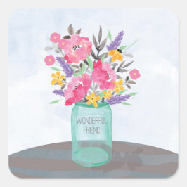 Vriend Moederdag Jar Vase met bloemen Vierkante Sticker