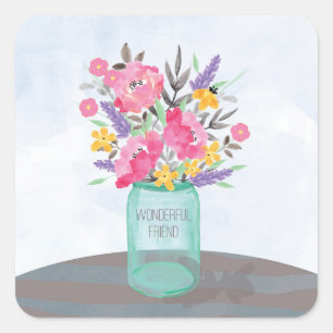 Vriend Moederdag Jar Vase met bloemen Vierkante Sticker