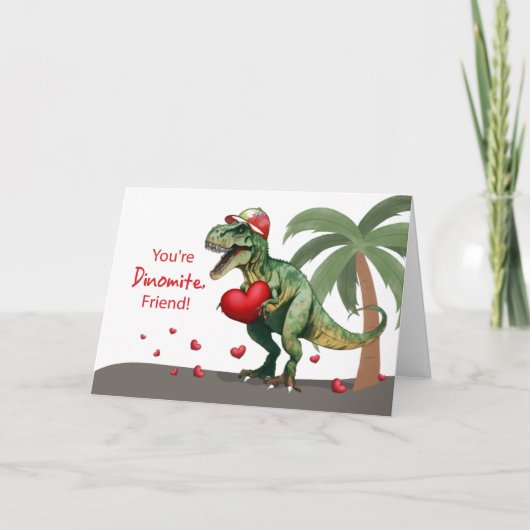 Vriend Valentijn Dinosaurus met Pet en harten Kaart (Voorkant)