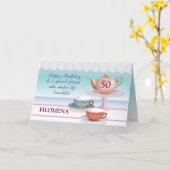 Vriend Verjaardag Custom Naam Theepot en Teacups,  Kaart (Gele Bloem)