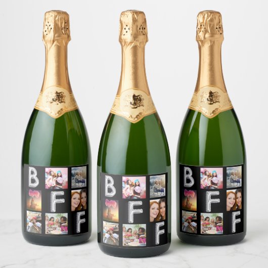 Vriend zwart zilver fotocollage BFF Sparkling Wijnetiket (Flessen)