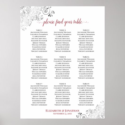 Vriendelijk 9-tafelbruiloft-zitje wit & rood poster (Voorkant)