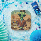 Vriendelijke Alien met verjaardagstaart Papieren Bordje (Feest)