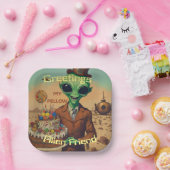 Vriendelijke Alien met verjaardagstaart Papieren Bordje (Feest)