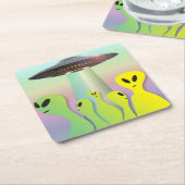 Vriendelijke Aliens & UFO geel & groen Kartonnen Onderzetters (Schuin)