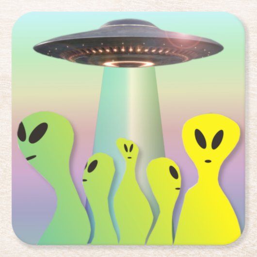 Vriendelijke Aliens & UFO geel & groen Kartonnen Onderzetters (Voorkant)