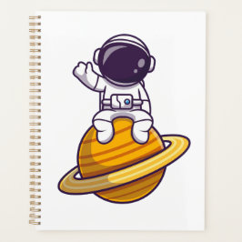 Vriendelijke astronaut zwaait van een planeet planner