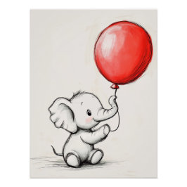 Vriendelijke babyolifant met rode ballon perfect poster