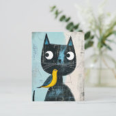 Vriendelijke Comic Zwarte Kat met Gele Vogel Briefkaart (Staand voorkant)