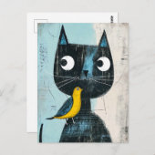 Vriendelijke Comic Zwarte Kat met Gele Vogel Briefkaart (Voorkant / Achterkant)