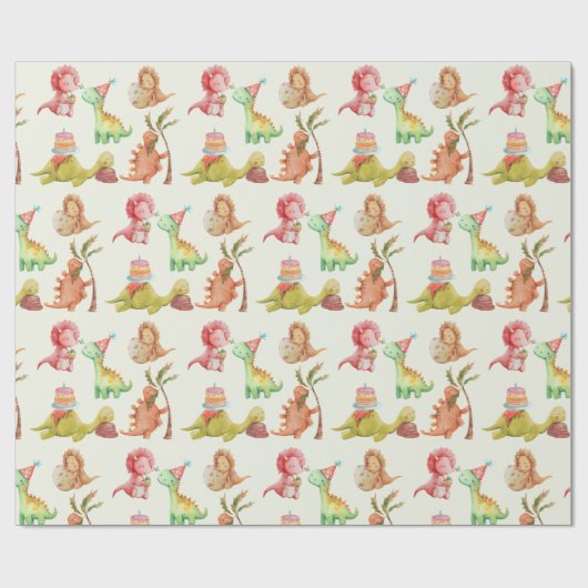 Vriendelijke Dinosaurs Greenery Wrapping Paper Cadeaupapier (Vlak)