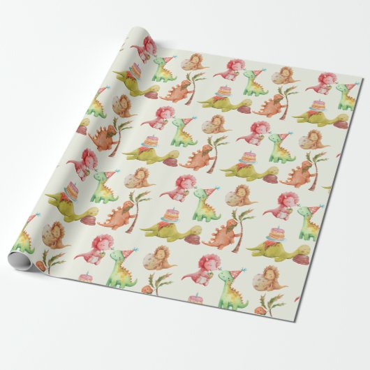 Vriendelijke Dinosaurs Greenery Wrapping Paper Cadeaupapier (Uitgerold)