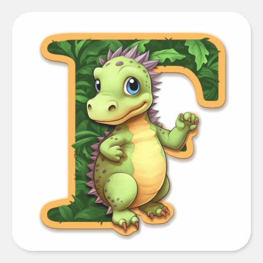 Vriendelijke dinosaurus en de letter F Vierkante Sticker (Voorkant)